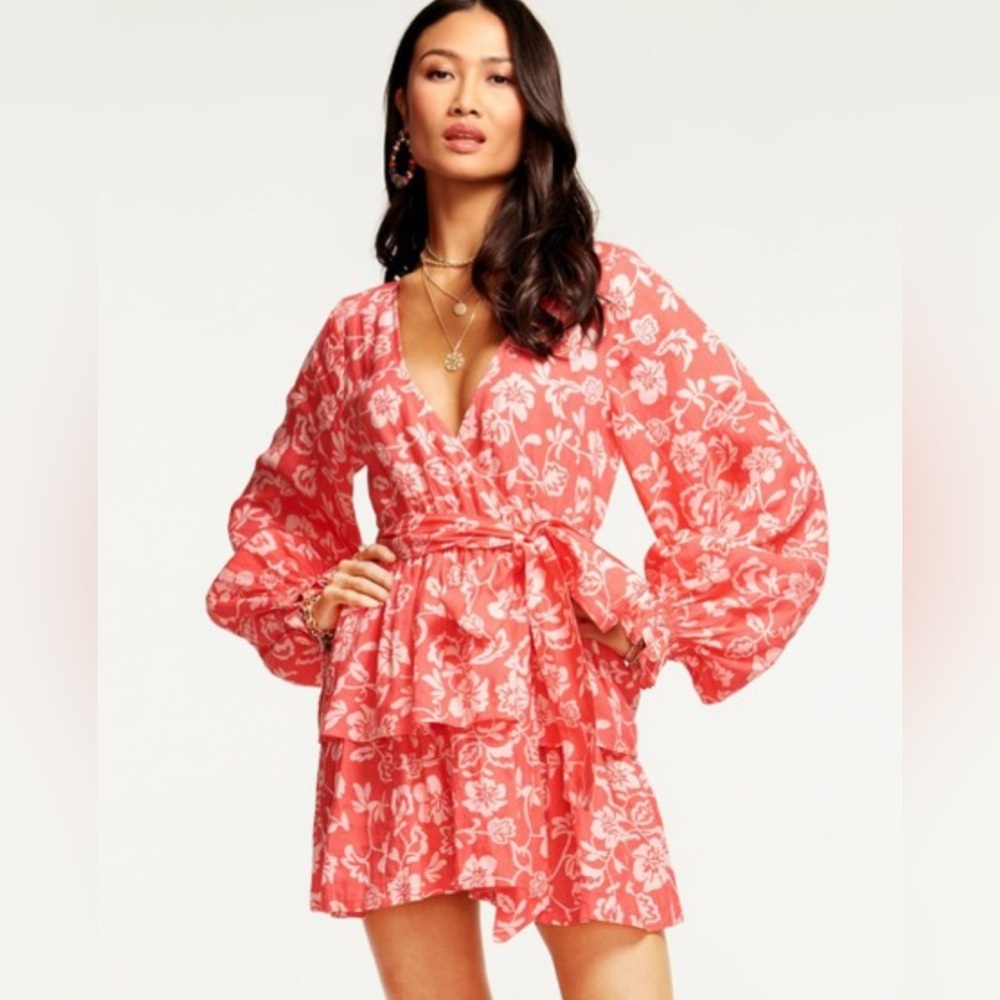 Ramy Brook Jolie Tiered Wrap Mini Dress Sz M Pink Printed Puff Sleeve